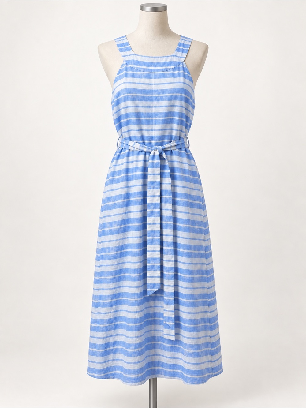 Sigrid Olsen Women’s 6 100% Linen Blue White Stripe Belted Sleeveless Dress